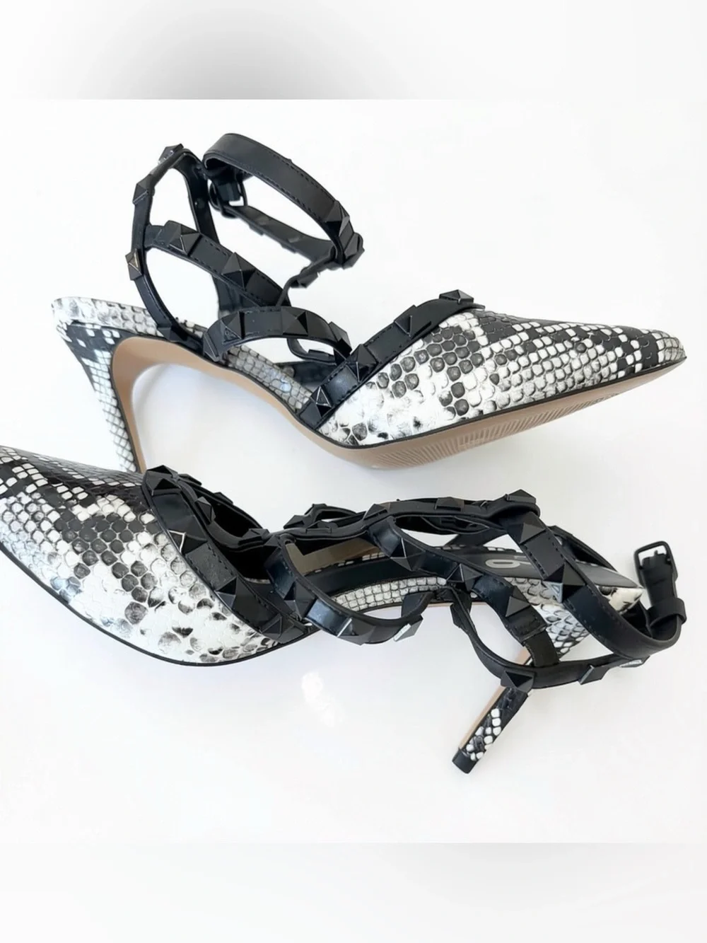 Mix No. 6 Black White Snakeskin Print Strappy Studded Pumps Heels - Size 8